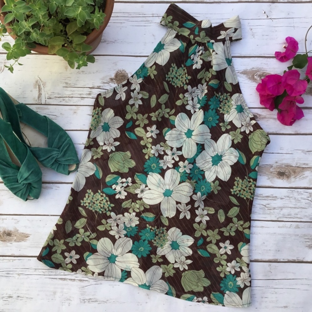Floral Print Sheer Sexy Plunging Back Halter Top